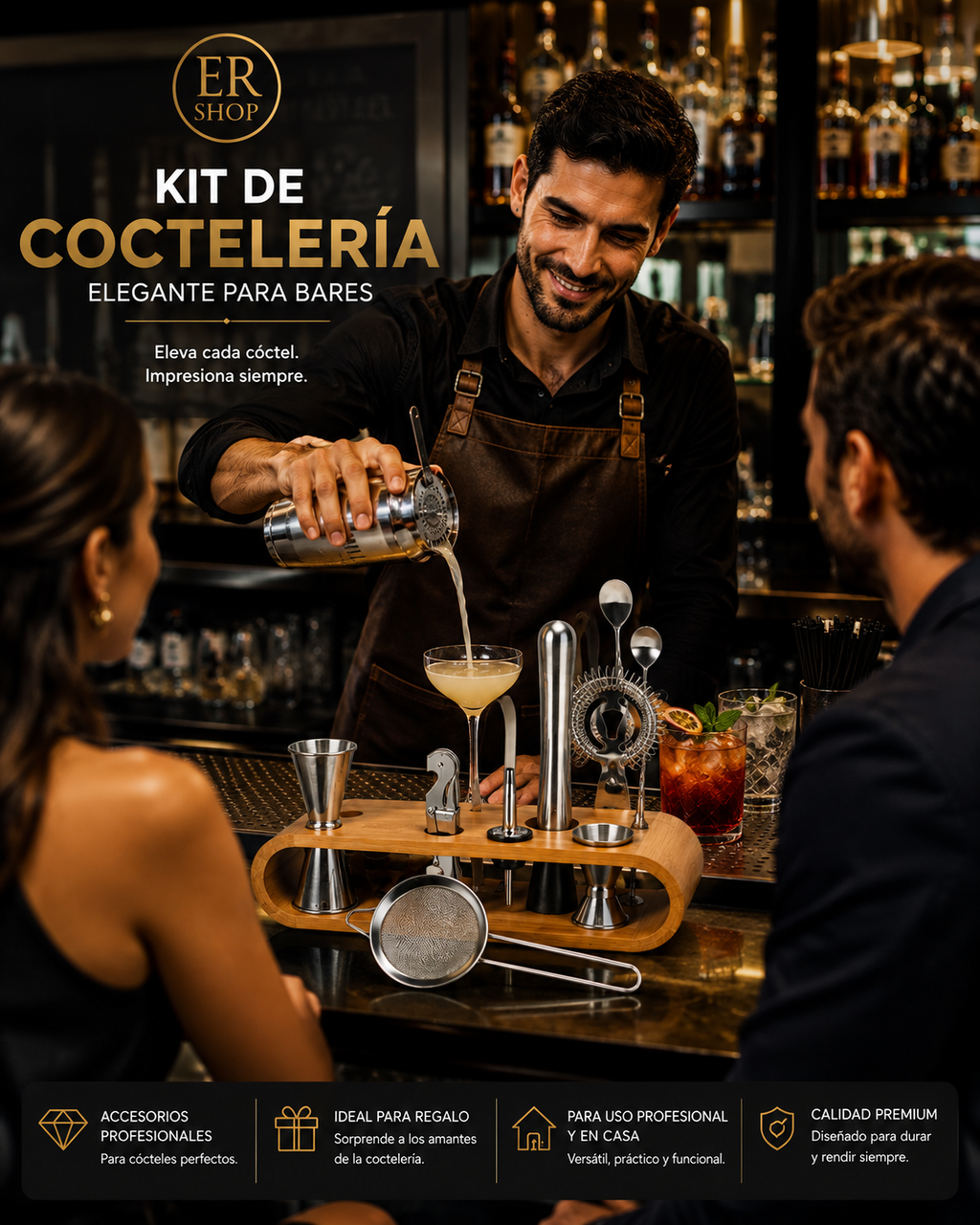 Set de Coctelería Premium 'Cantina' | 12 Piezas de Acero Inoxidable con Base de Bambú