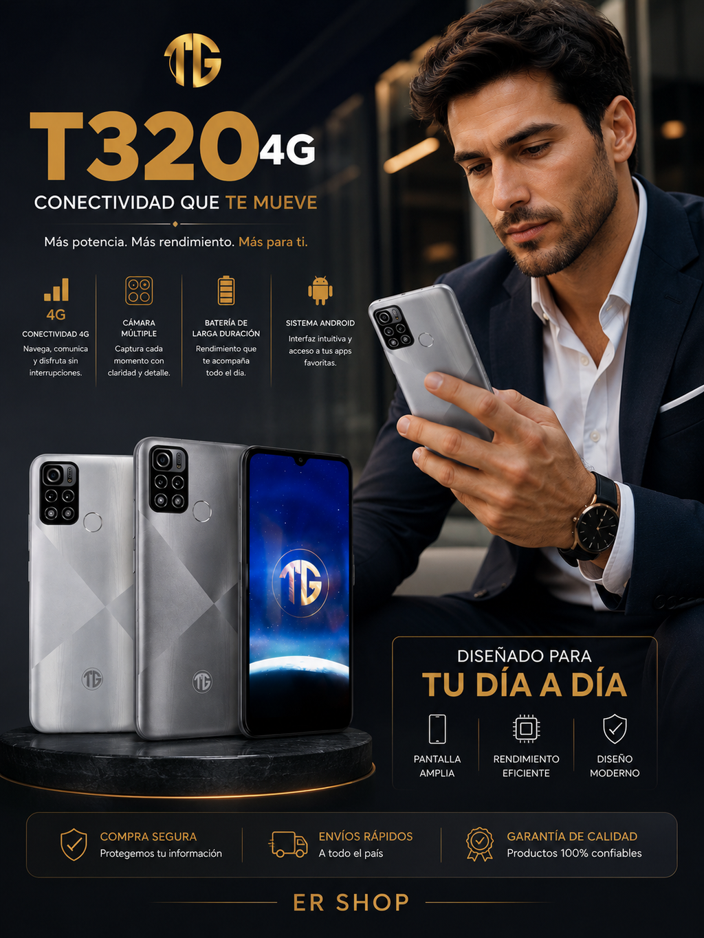 Celular Smartphone T320: Pantalla de 6.26" HD+, Batería Inagotable de 5000mAh y 64GB