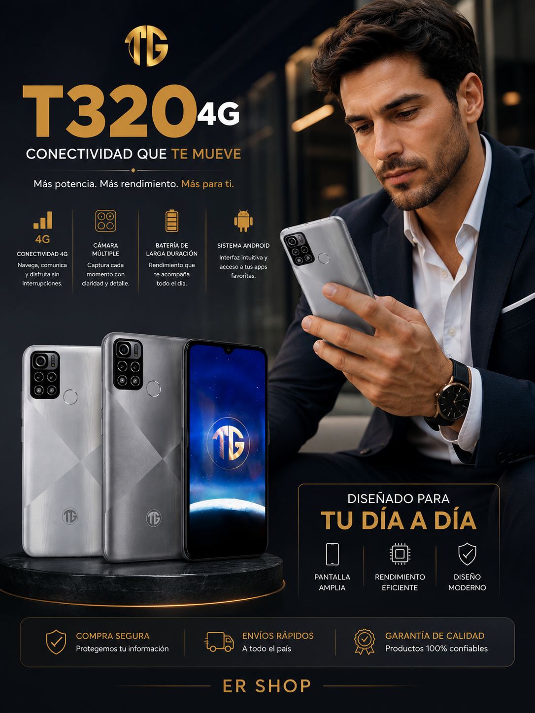 Celular Smartphone T320: Pantalla de 6.26" HD+, Batería Inagotable de 5000mAh y 64GB