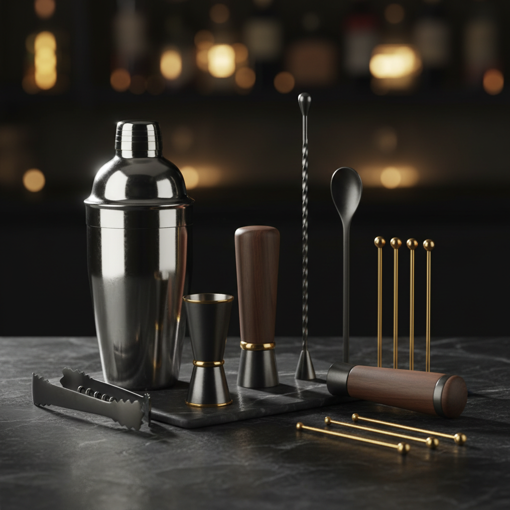 Set de Coctelería Premium 'Cantina' | 12 Piezas de Acero Inoxidable con Base de Bambú